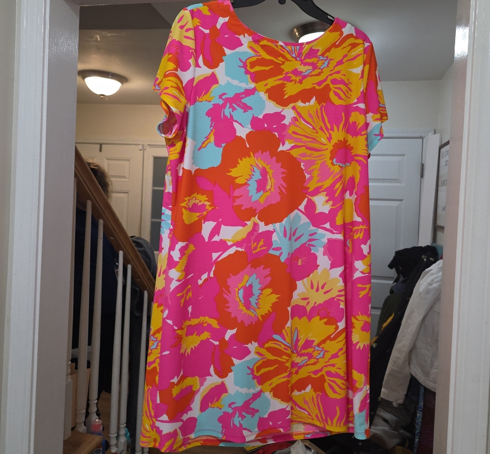 Jude Connally Vibrant Floral Shift in Hot Pink, Orange & Yellow